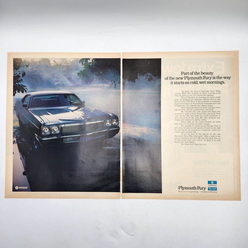 Vintage 1973 Plymouth Fury 2 Page Magazine Print Ad Chrysler Dodge
